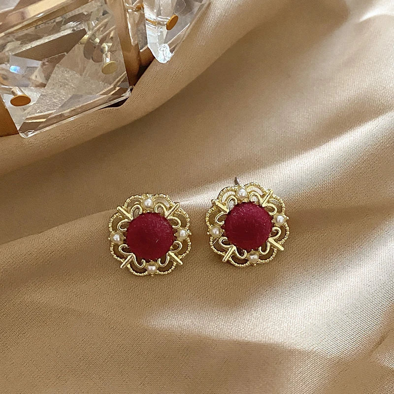 Red Retro Stud Earrings High Sense Jewelry